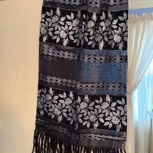 Elegant Italian Black and Silver Floral Embroidered Scarf
